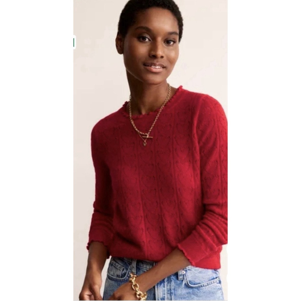 Boden Sweater Red Heart Pointelle Fluffy Wool Mohair Cozy Pullover, Size XL